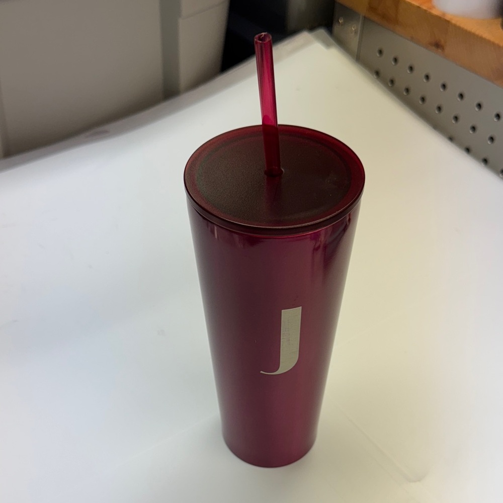 Modern Expressions Burgundy Red Tumbler letter J with Straw new